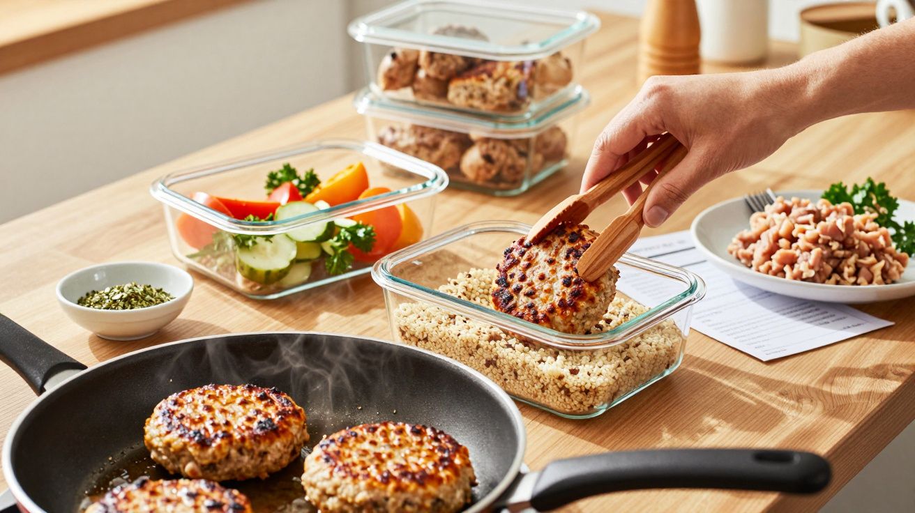 Mână cu clește pune o chiftea prăjită într-un recipient din sticlă cu quinoa; tigaie și caserole cu salată și biscuiți