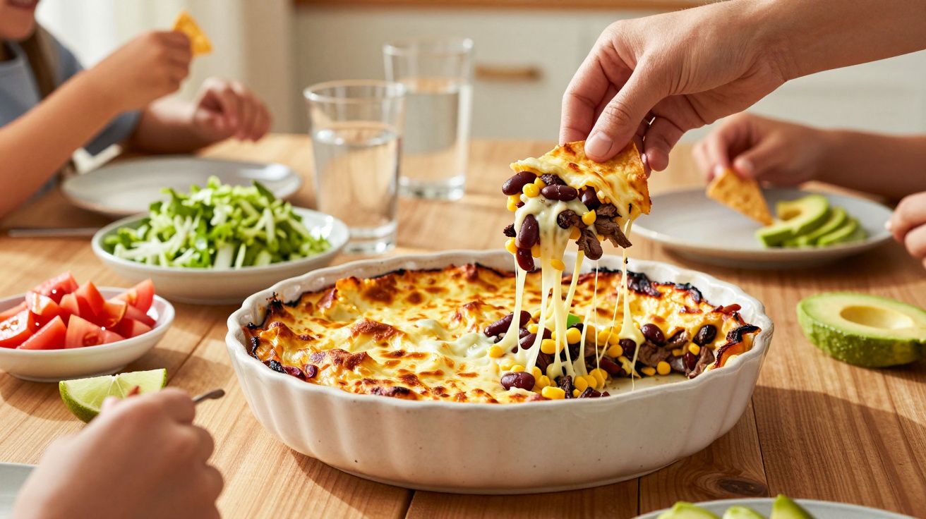 Tavă cu dip copt cu brânză, fasole și porumb; o mână ridică un nacho cu mozzarella întinsă