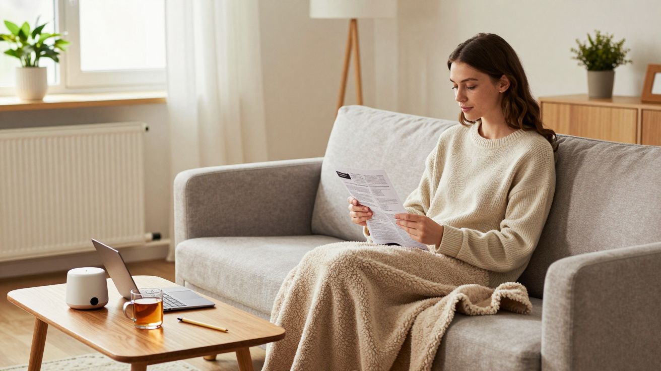 Femeie citind pe canapea, acoperită cu o pătură, lângă o măsuță cu laptop și ceai. Cameră luminoasă și plantă verde.