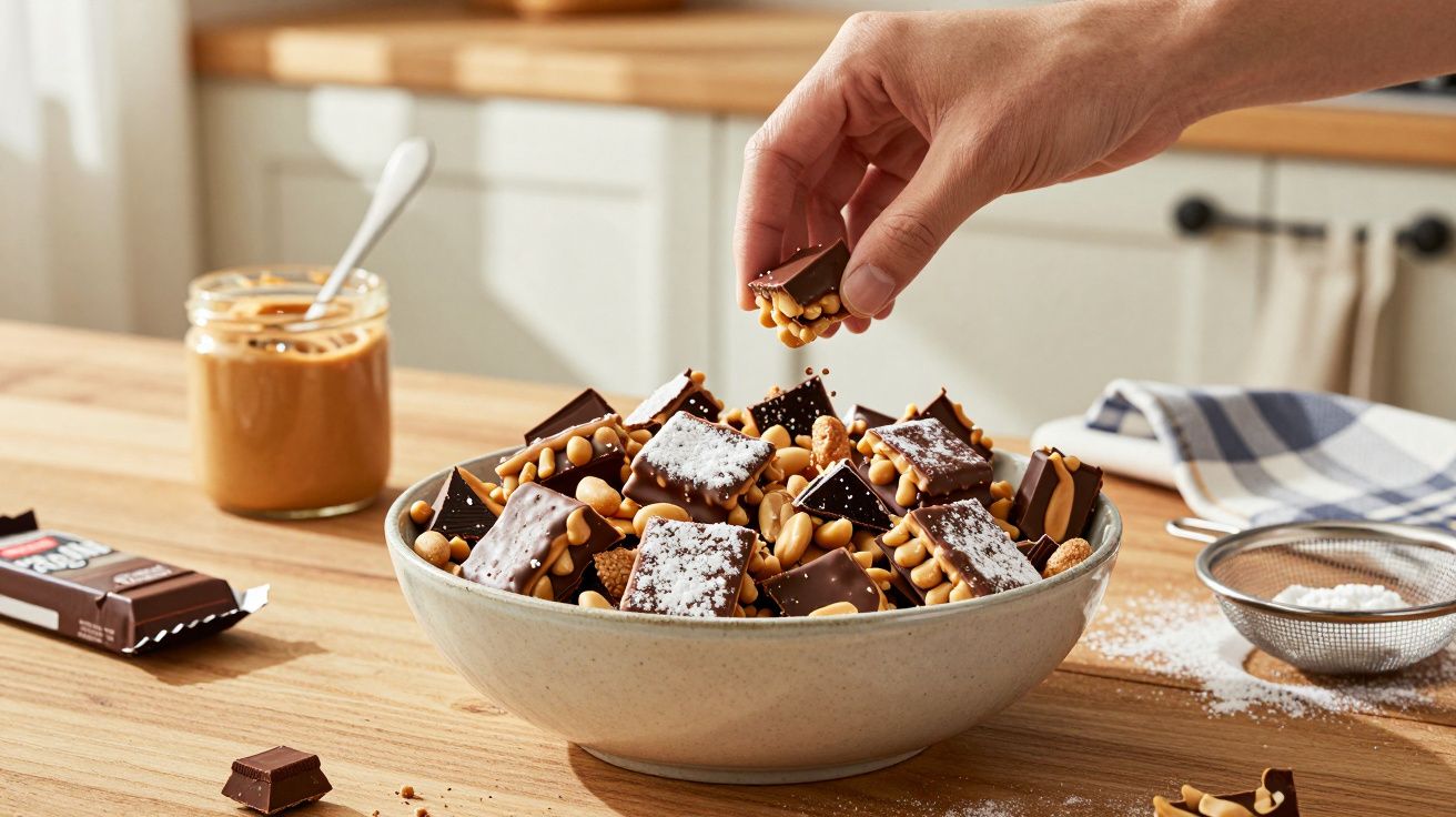 Mână care ia o bucată dintr-un castron cu ciocolată, arahide și zahăr pudră, borcan cu unt de arahide în fundal