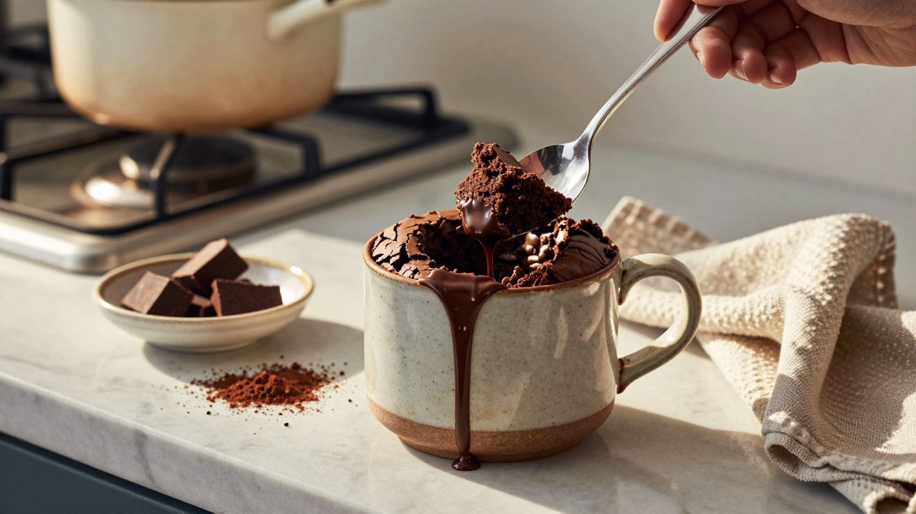 Cană cu prăjitură de ciocolată, ciocolată topită curgând pe margine, lingură ridicată