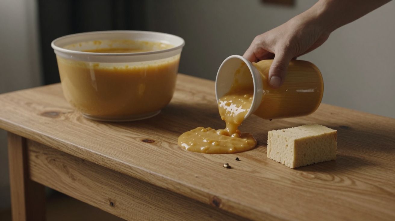 Un bol și o cană vărsată cu supă, lângă un burete, pe o masă din lemn.