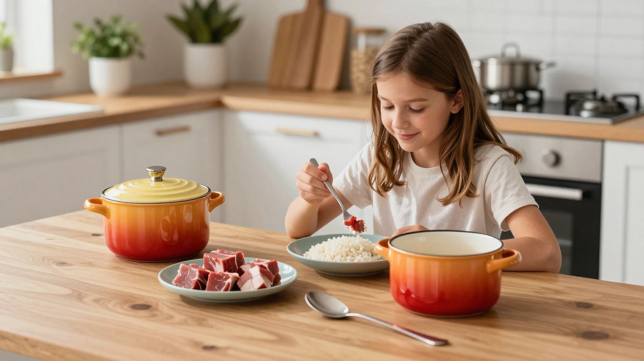 Fată mâncând orez la masă în bucătărie, cu două oale roșii și un bol cu carne crudă alături.