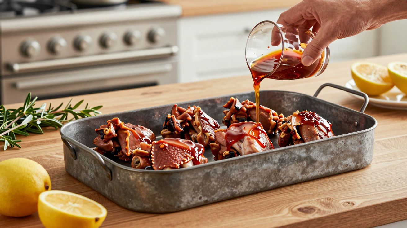 Mână care toarnă marinadă peste bucăți de pui într-o tavă metalică, lămâi tăiate și rozmarin pe masă