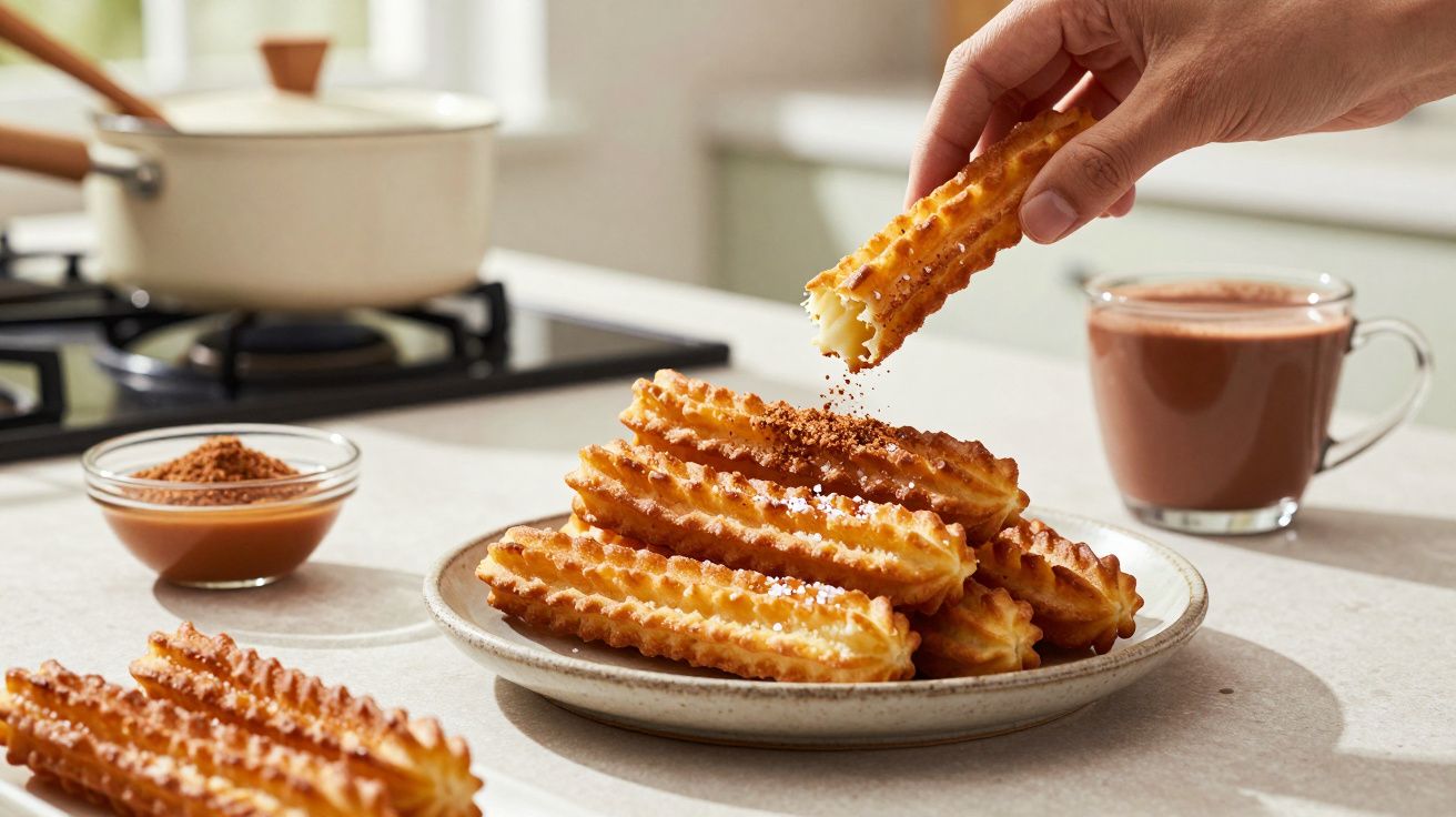 Mână care ia un churros presărat cu zahăr și cacao de pe o farfurie, lângă o cană cu ciocolată caldă