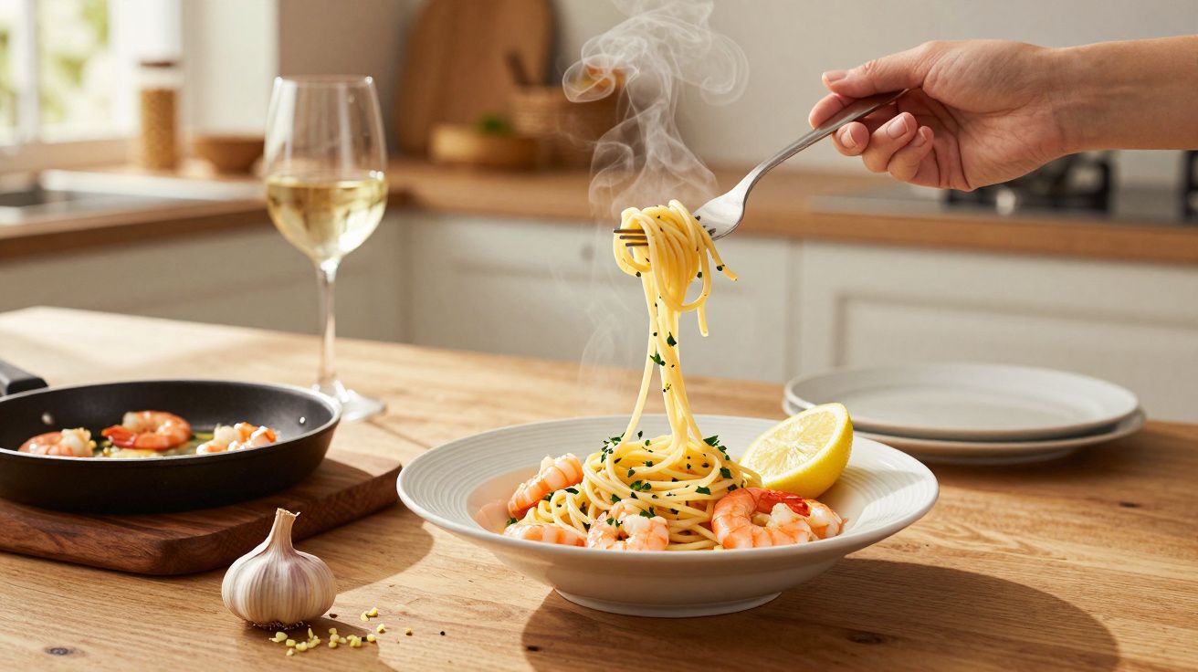 O farfurie cu paste și creveți aburind, lămâie și pătrunjel; pahar de vin și usturoi pe masă de lemn.