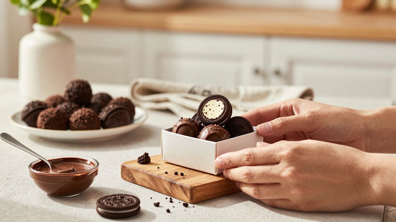 Mâini așezând o cutie cu trufe de ciocolată și biscuiți umpluți pe o placă de lemn, bol cu ciocolată topită