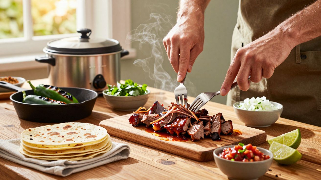 Mâini care feliază carne friptă cu sos pe tocător, alături de lipii, lime, salsa și legume pe masă