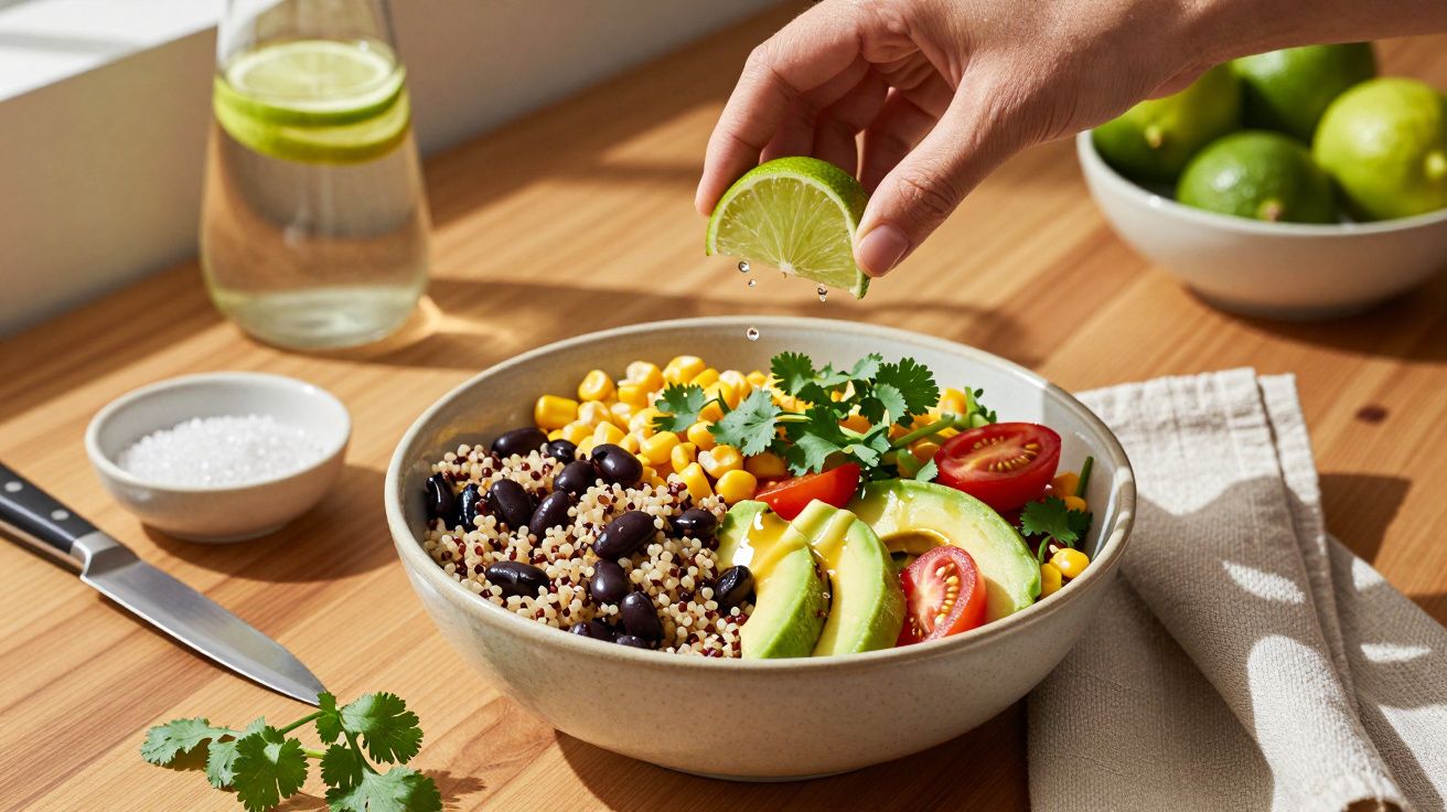 Bol cu quinoa, fasole neagră, porumb, avocado, roșii cherry și coriandru, o mână stoarce lime