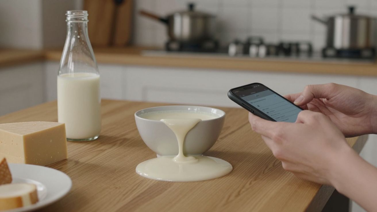 Bol cu lapte vărsat pe masă lângă un telefon și o sticlă de lapte.