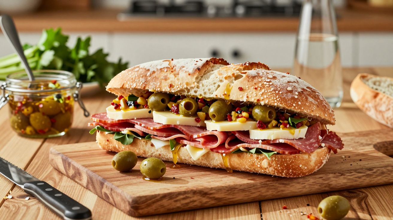 Sandviș cu pâine ciabatta, felii de mezel, cașcaval, măsline verzi și rucola pe tocător de lemn