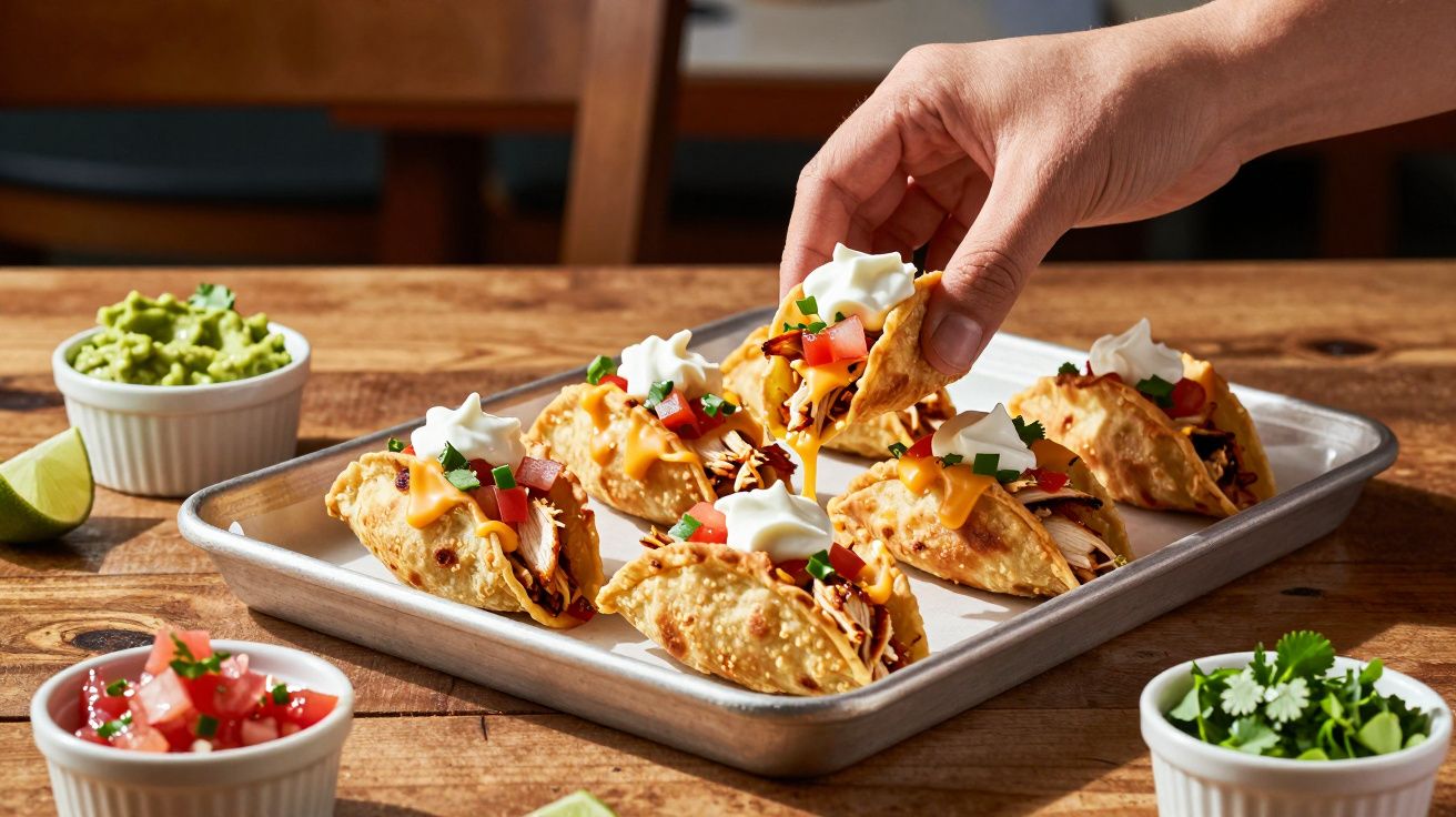 Mână care ia un mini-taco crocant umplut cu pui, brânză, smântână și salsa pe tavă