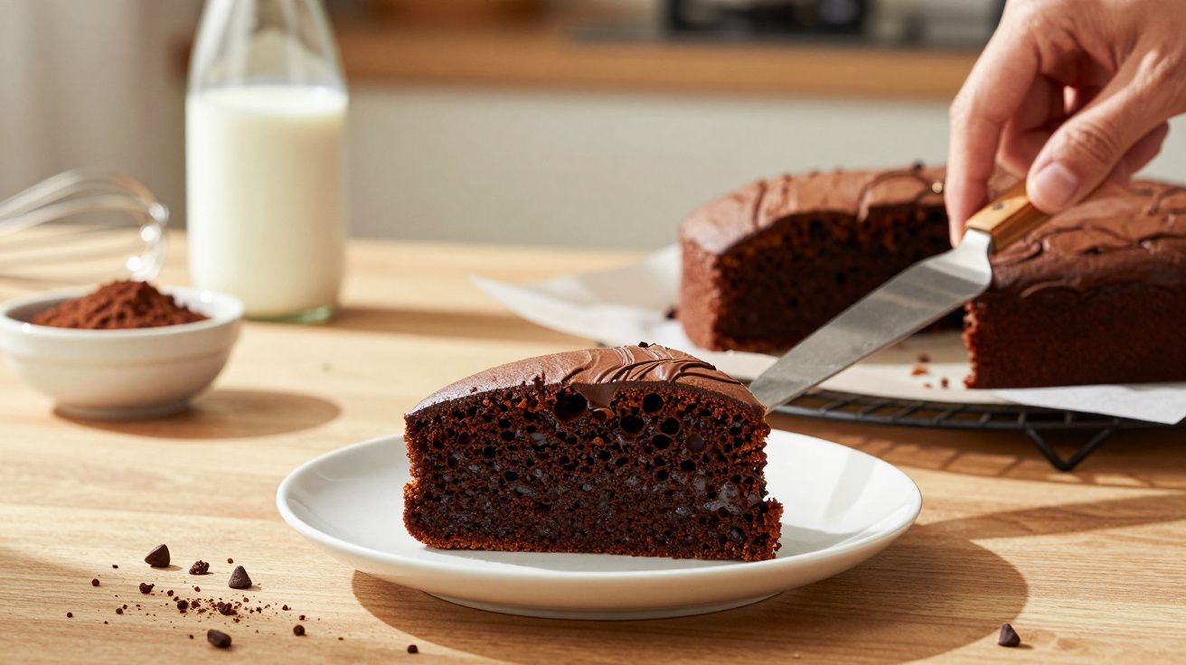 Felie de tort de ciocolată pe farfurie albă, alături de o sticlă de lapte și o mână ținând un cuțit.