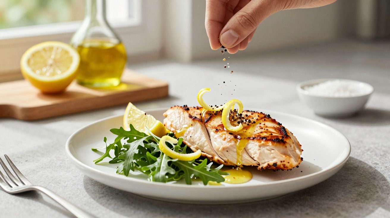 Somon la grătar cu felii de lămâie și rucola, mână presărând piper și sos pe farfurie