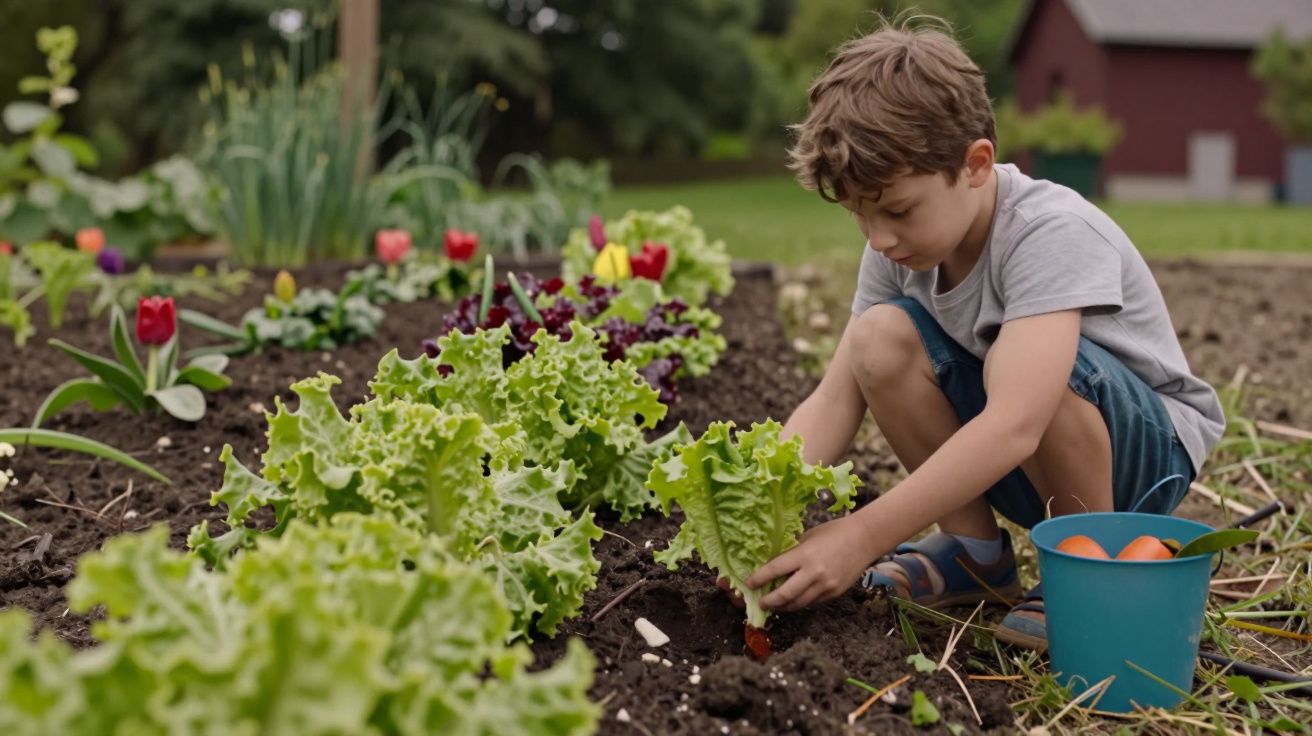Băiat plantând salată într-o grădină, lângă un ghiveci albastru și flori colorate în fundal.