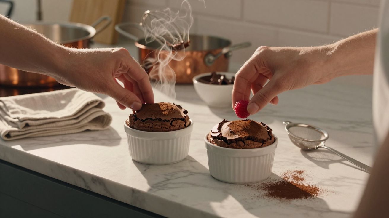 Două sufleuri ciocolată în ramekinuri pe blat de marmură, abur, mâini adaugă ciocolată și zmeură, pudră de cacao