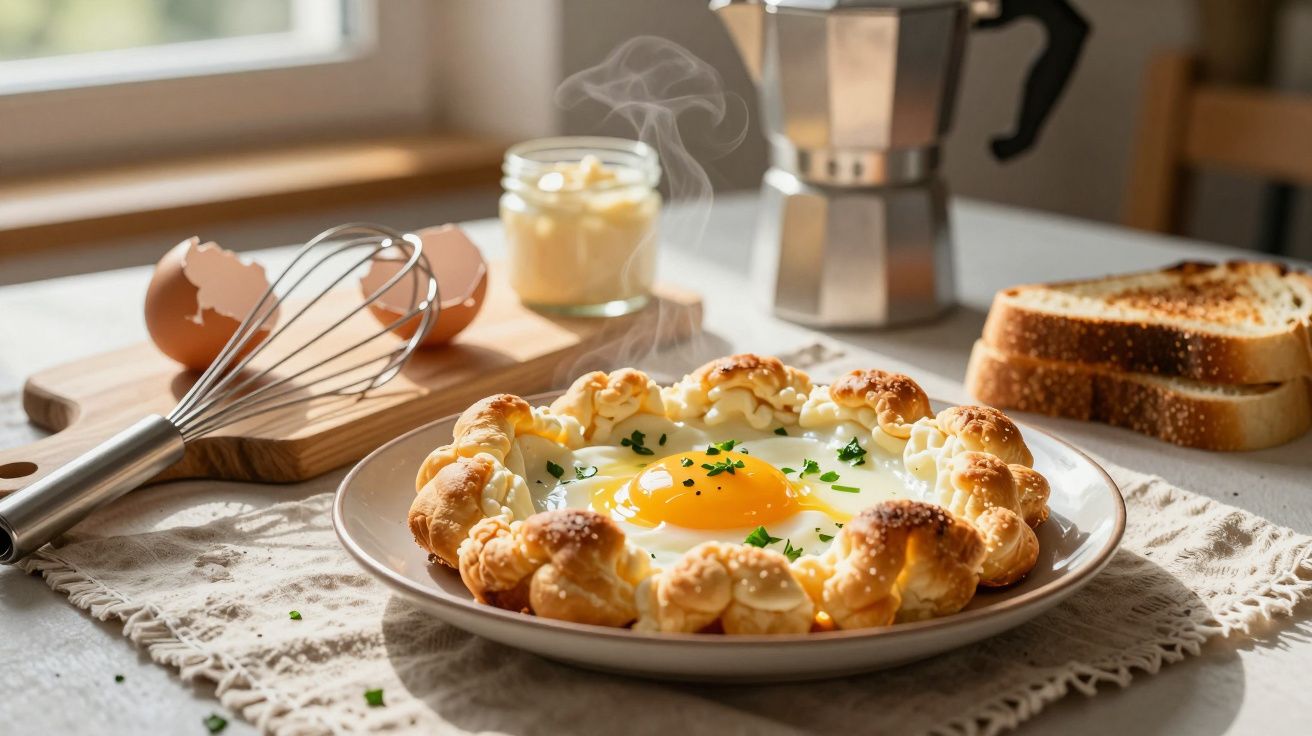 Oul prăjit cu aluat pufos și verdeață pe farfurie, lângă prăjitură, tel și o cafetieră pe masă de lemn luminos.