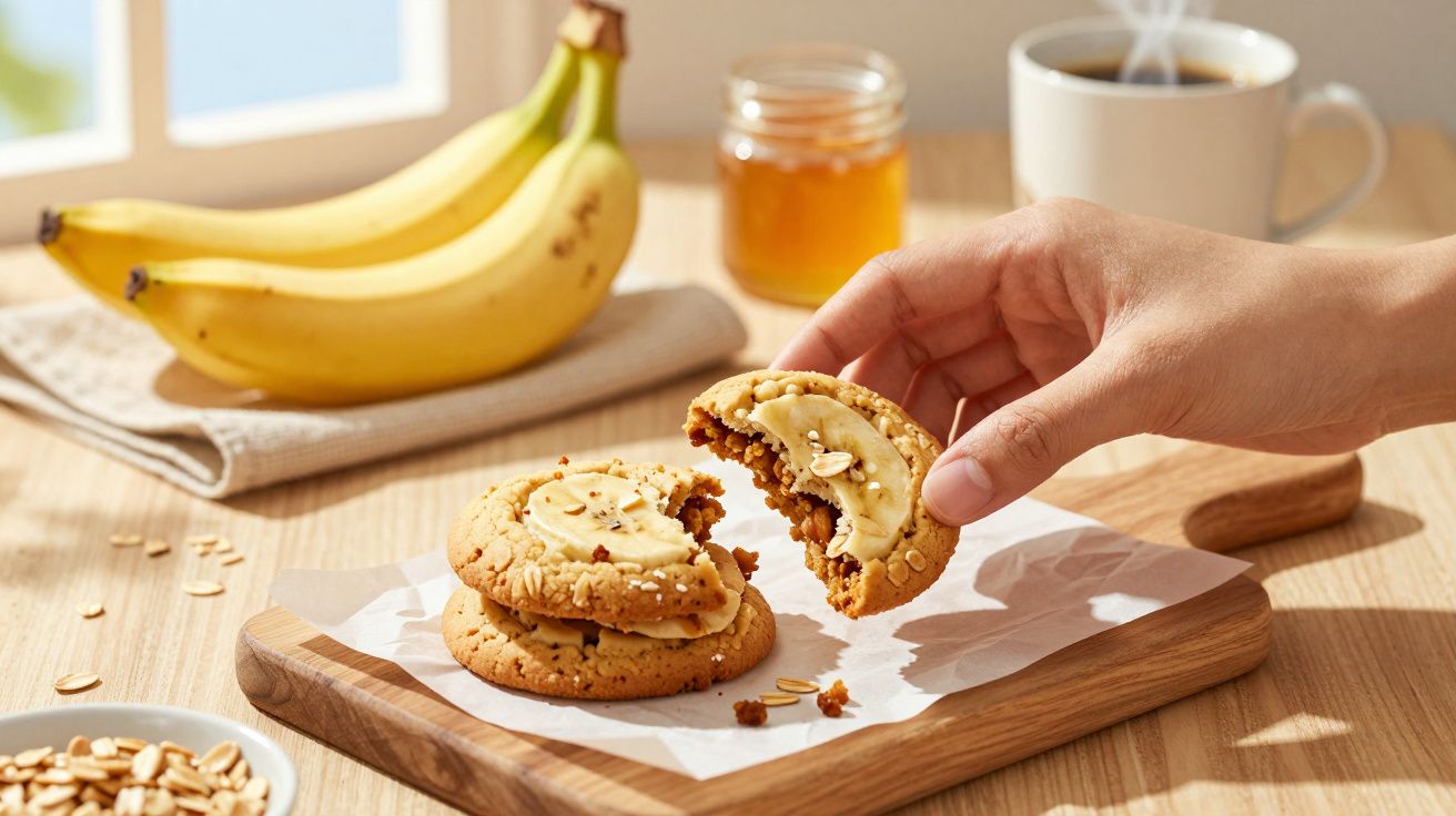 Mână care ia un fursec cu felii de banană și fulgi de ovăz pe tocător; banane, borcan cu miere și ceașcă de cafea în fundal