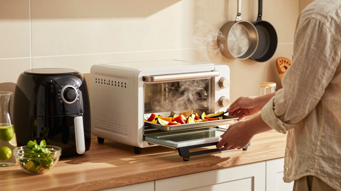 O persoană scoate o tavă cu legume coapte dintr-un cuptor electric pe un blat de bucătărie.