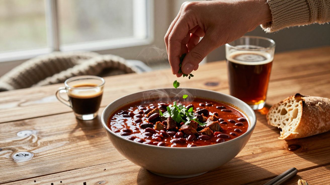 Bol cu tocăniță fierbinte de fasole și carne, presărată cu pătrunjel de o mână, lângă pâine, cafea și bere