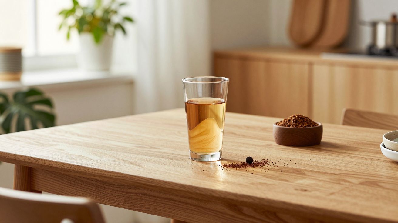 Pahar cu ceai chihlimbar pe masă de lemn, lângă bol cu ceai vrac și câteva granule risipite