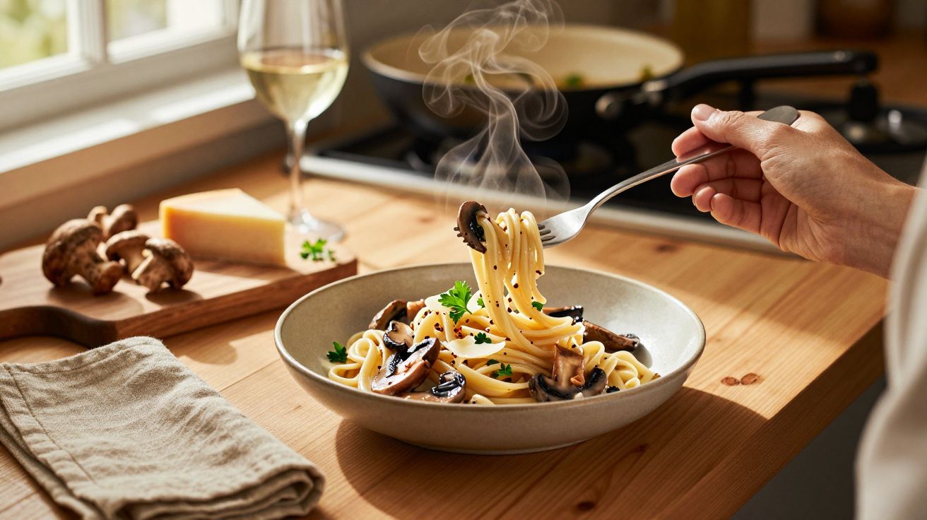 O farfurie cu paste aburinde, ciuperci și pătrunjel, lângă o bucată de brânză și un pahar de vin alb.