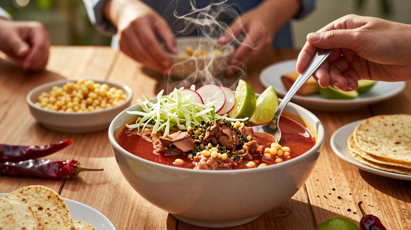 Bol aburind cu pozole roșu, carne, boabe de porumb, varză feliată, ridichi și lime; tortillas pe masă și mâini servind.