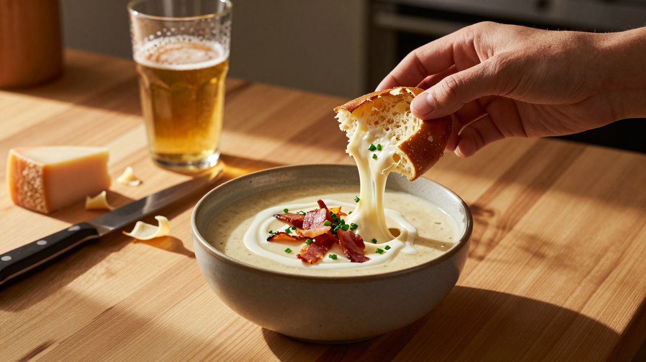 Mână scufundă felie de pâine cu brânză topită într-un bol cu supă cremă, decorată cu bacon și ceapă verde.