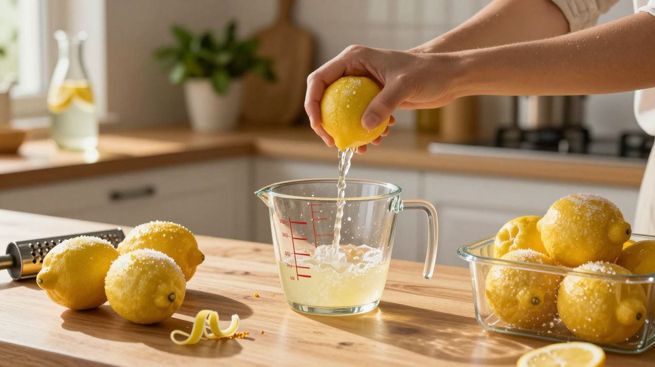 Stoarcerea lămâii într-un pahar gradat pe un blat de bucătărie, alături de mai multe lămâi proaspete.