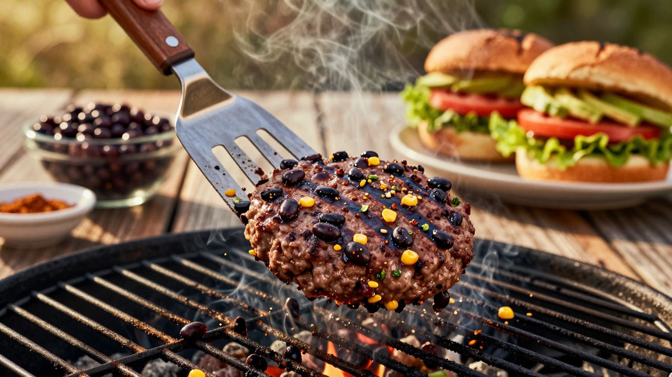 Chiftea de burger cu fasole neagră și boabe de porumb pe grătar, aburi; chifle și legume în fundal