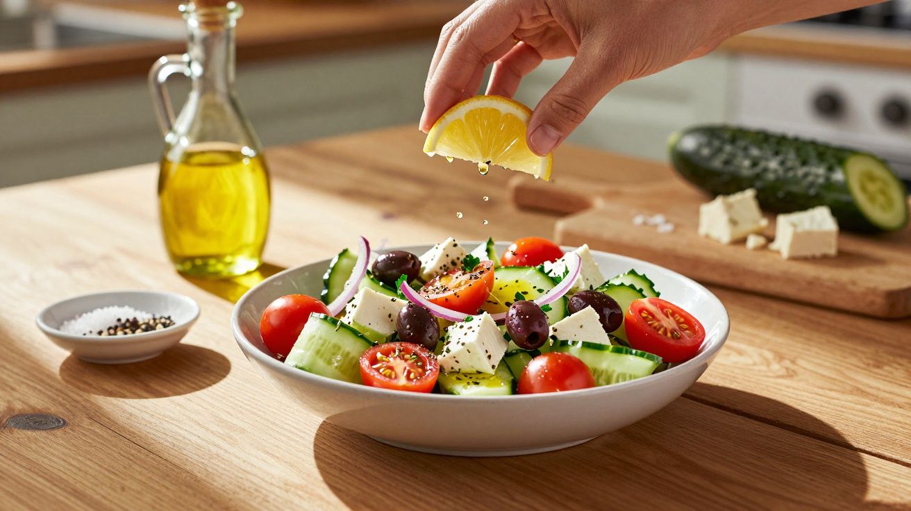 Salată grecească cu roșii cherry, castraveți, feta și măsline, lămâie stoarsă deasupra