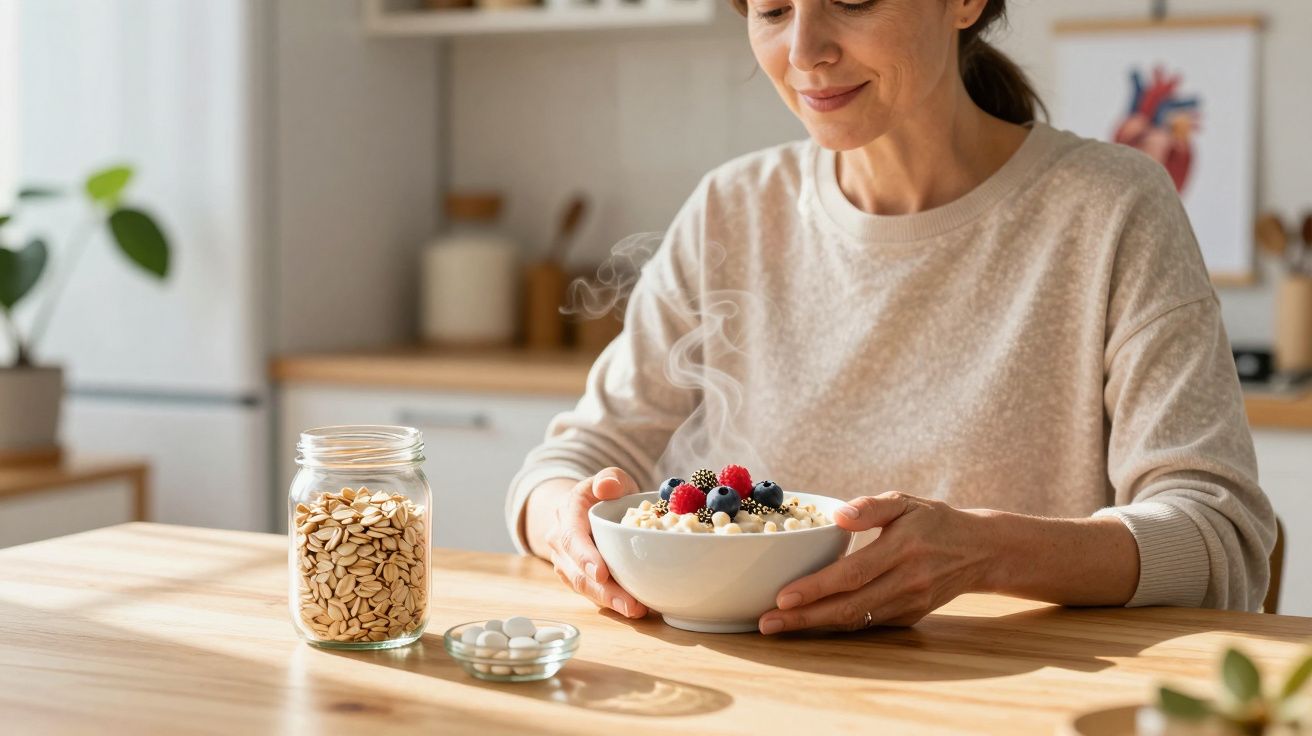 Femeie la masa, bucurându-se de un bol cu ovăz cald și fructe de pădure. În stânga, un borcan cu fulgi de ovăz.