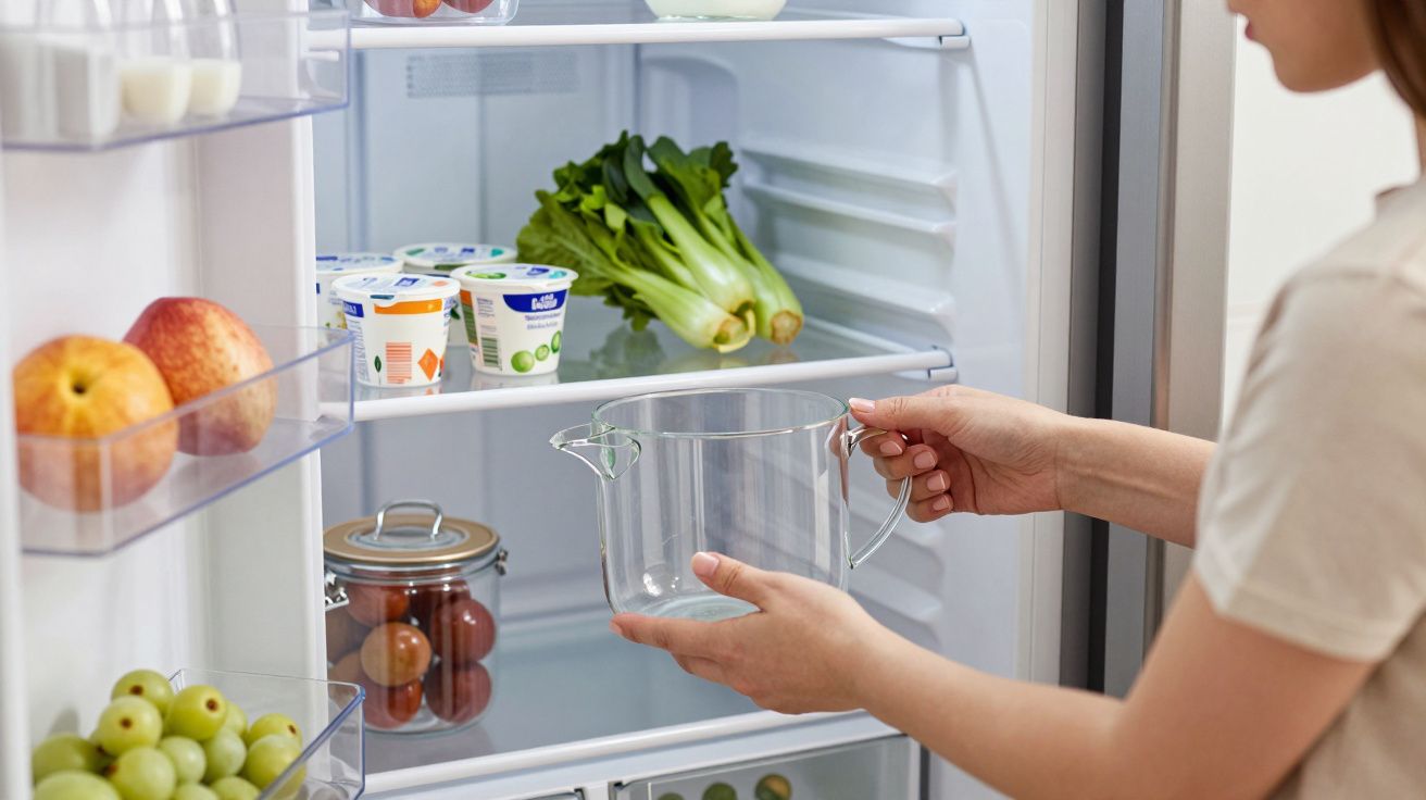 Femeie cu cană din sticlă în fața unui frigider deschis cu iaurt, mere, struguri, legume și borcan.