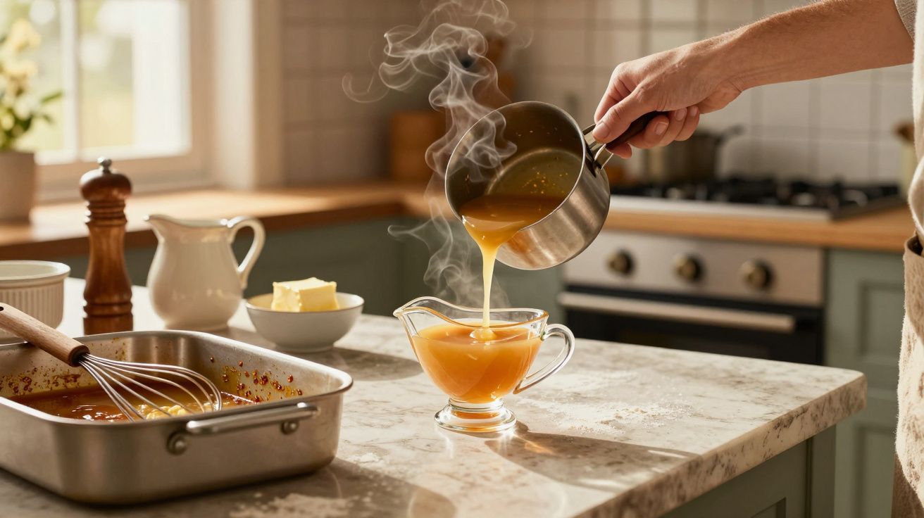 O mână toarnă sos aburind dintr-un vas metalic într-o carafă de sticlă, pe blatul unei bucătării luminoase.