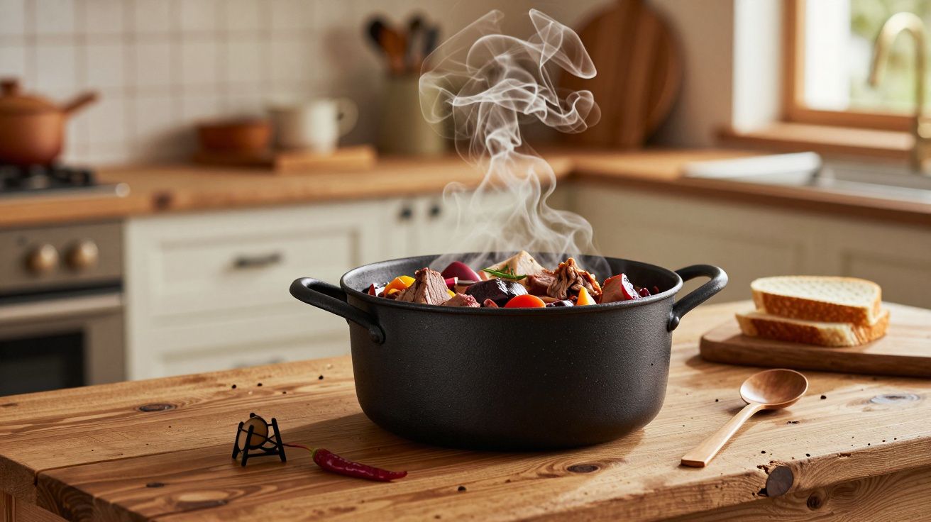 Oală neagră cu tocăniță aburindă pe masă din lemn într-o bucătărie luminoasă.