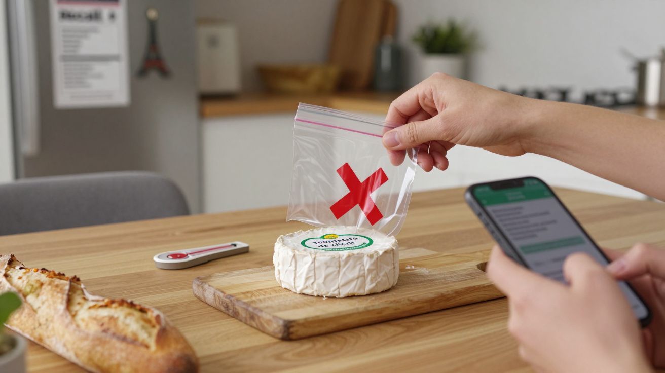 Persoană verificând un telefon lângă o brânză pe un blat. Mâna ține o pungă cu un X roșu. Pâine și termometru vizibile.