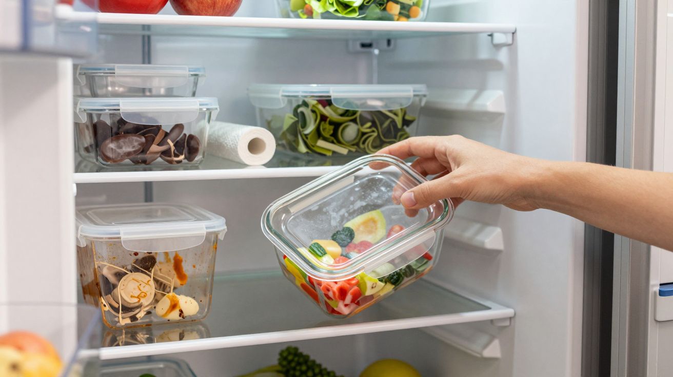 Mâna unui om ia un recipient de sticlă cu legume dintr-un frigider organizat cu alimente în cutii.