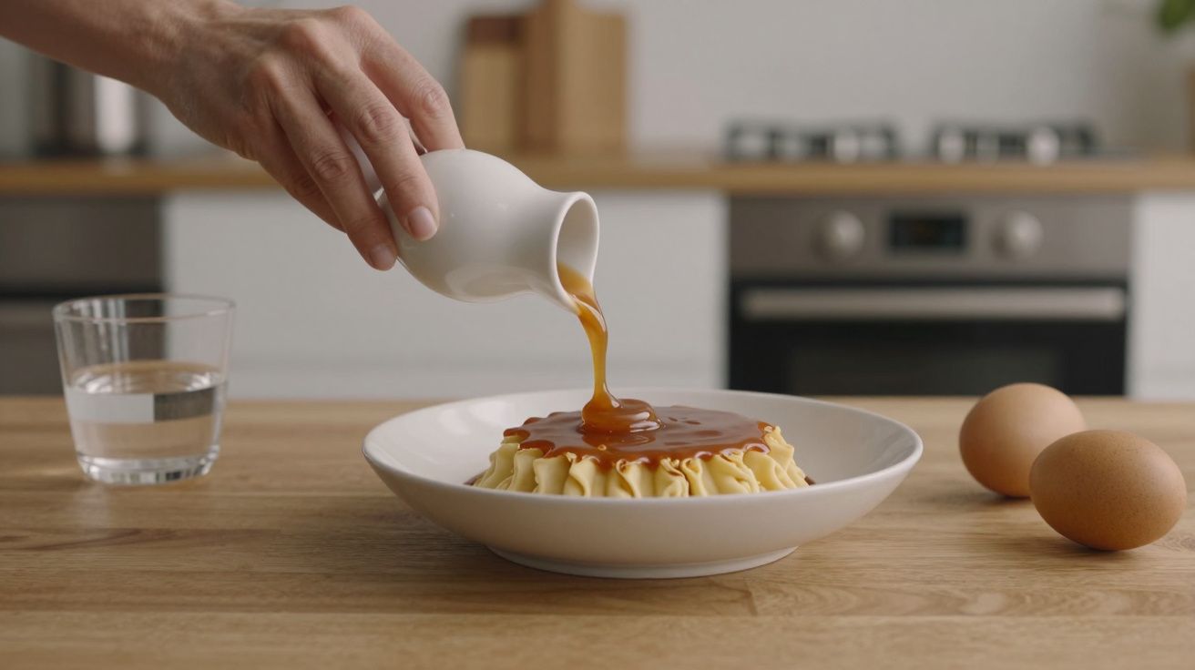 O mână toarnă sos de caramel pe un desert în formă de budincă, pe o masă de lemn, lângă un pahar cu apă și două ouă.