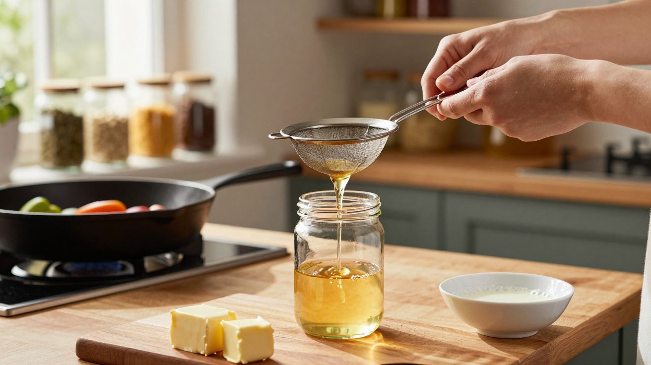 Persoană strecurând lichid într-un borcan pe masa de bucătărie, cu unt și o tigaie în fundal.