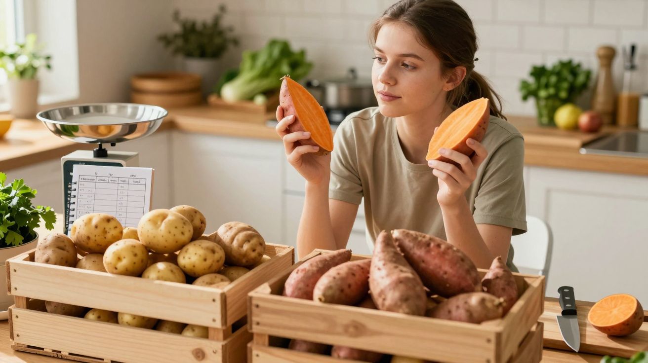 Femeie tânără ținând cartofi dulci, comparând cu cartofi obișnuiți în bucătărie, cu fundal de lemn și verdeață.