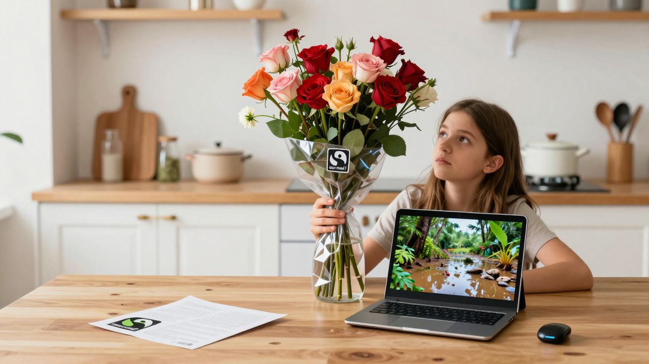 Fată ține un buchet de trandafiri în bucătărie, lângă un laptop deschis cu imagine de natură pe ecran.