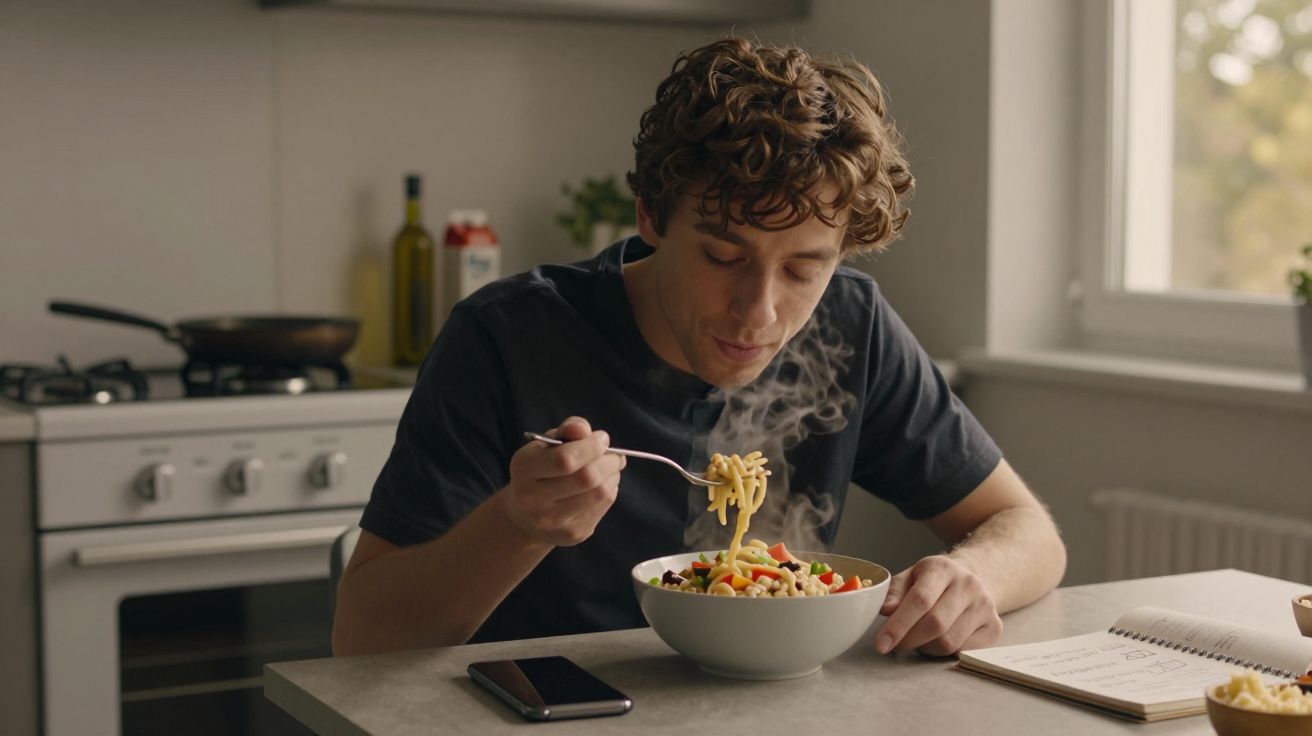 Bărbat tânăr mănâncă tăiței cu legume la masă, într-o bucătărie modernă, având alături un telefon și un caiet.