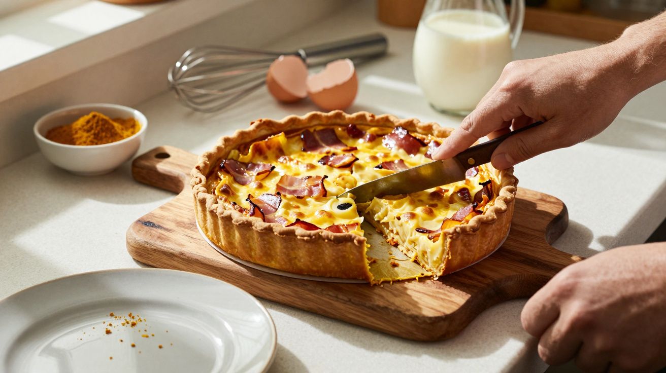 Tartă cu șuncă și brânză pe un tocător de lemn, tăiată de o persoană, alături de un pahar cu lapte și condimente.