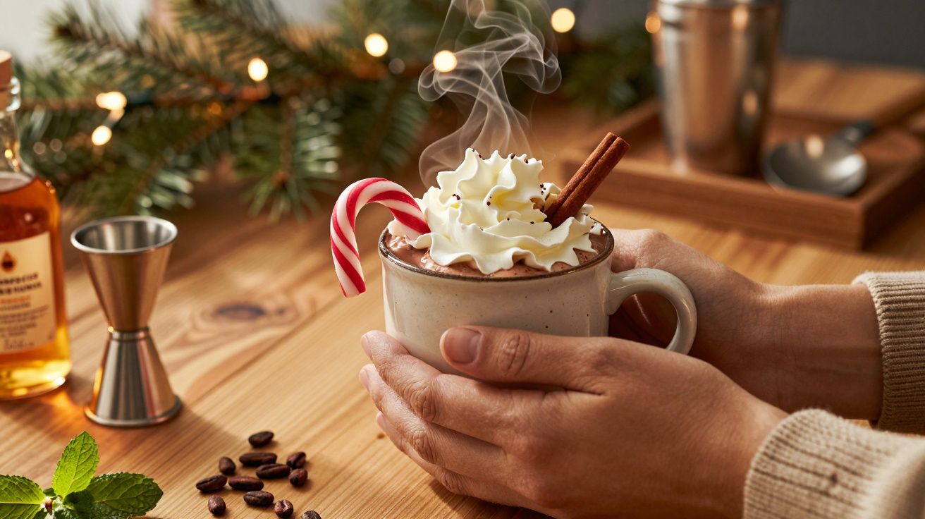 Mâini ținând o cană fierbinte de ciocolată decorată cu frișcă, un bastonaș de scorțișoară și bomboană de zahăr, lângă decoraț