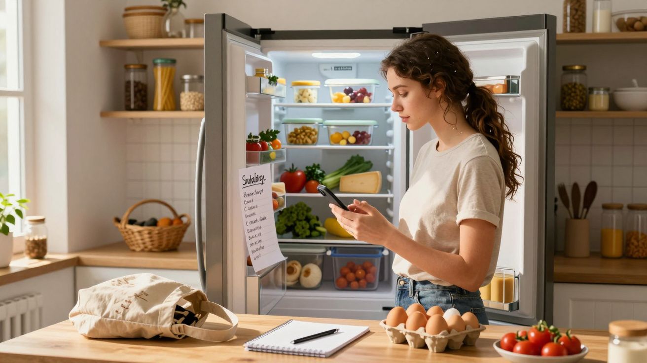 Femeie folosind telefonul lângă un frigider deschis plin cu legume, fructe și o listă de cumpărături pe ușă.