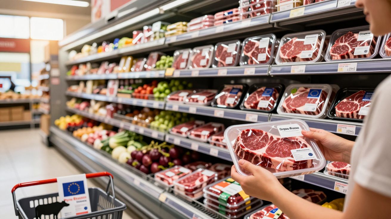 Persoană ținând carne ambalată în supermarket, cu rafturi pline de produse în fundal.