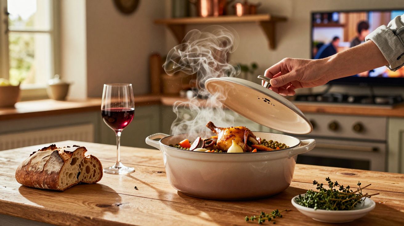 Oală de gătit cu pui fript și legume aburind, lângă un pahar de vin roșu și pâine pe o masă de lemn.