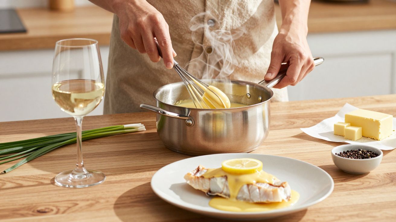 Persoană preparând sos într-o cratiță, lângă un pahar de vin alb și un fel de mâncare cu pește și lămâie.