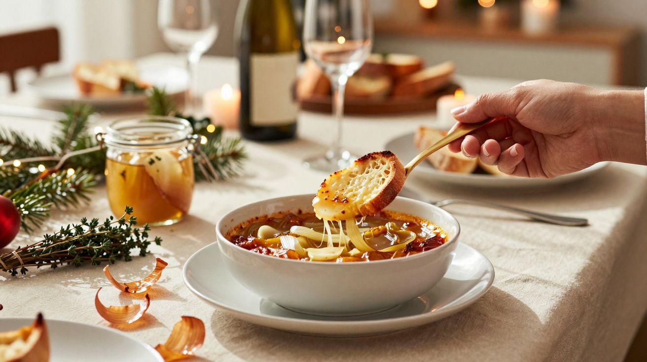 Mână ținând o lingură cu supă și crutoane, pe o masă decorată festiv, cu lumânări și crenguțe de brad.