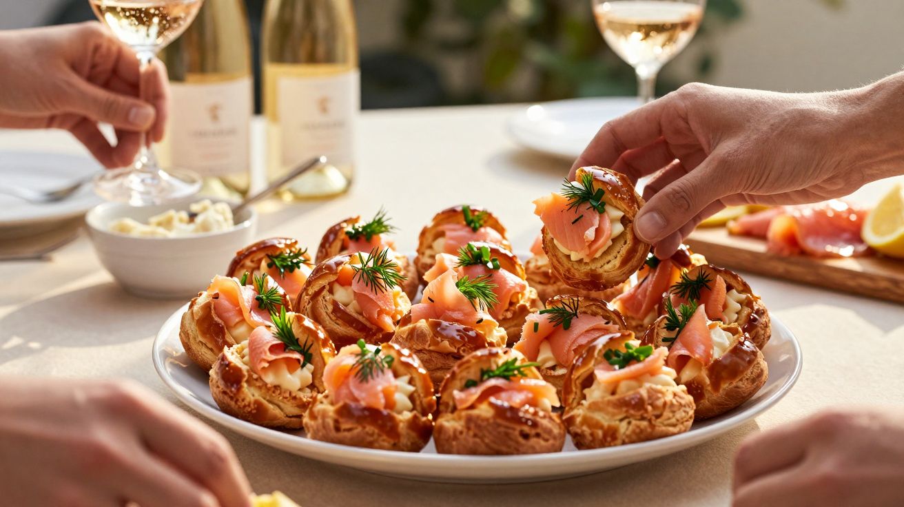 Mini tarte cu somon afumat și mărar pe un platou alb, înconjurat de mâini ce servesc și pahare de vin alb.